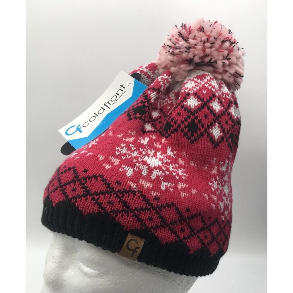 Cold Front Beanie Hat Girls One Size Red Black Snowflakes Pom‎ Pom Winter